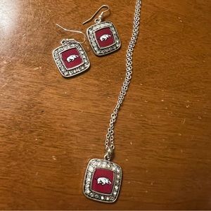 Arkansas Razorback set. Earrings and Necklace.
